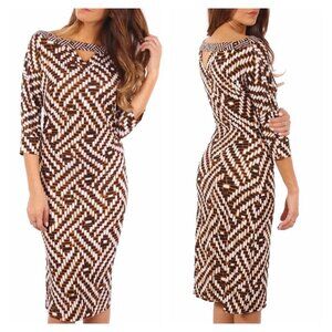 DVF Ayoka 100% Silk Dress 10 Boat Neck Geometric Print Dolman 3/4 Sleeve Brown